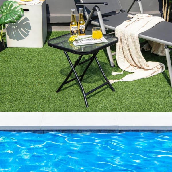 18 in Square Black Metal Outdoor Bistro Table Folding Patio Side Table with Rustproof Frame and Tempered Glass Table Top