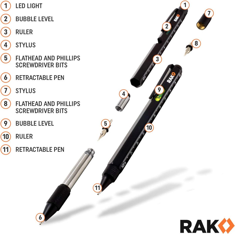 2-in-1 Multi-Tool Pen Set (2 Pack)- LED Tactical Pen Light, Stylus, Ruler, Level, Bottle Opener, Screwdriver, Ballpoint
