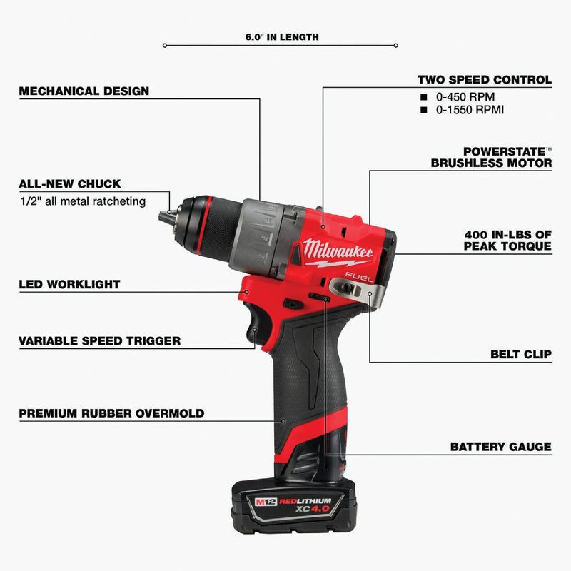 Milwaukee M12 FUEL Brushless 1/2 In. Subcompact Cordless Drill/Driver Kit with 4.0 Ah & 2.0 Ah Battery & Charger